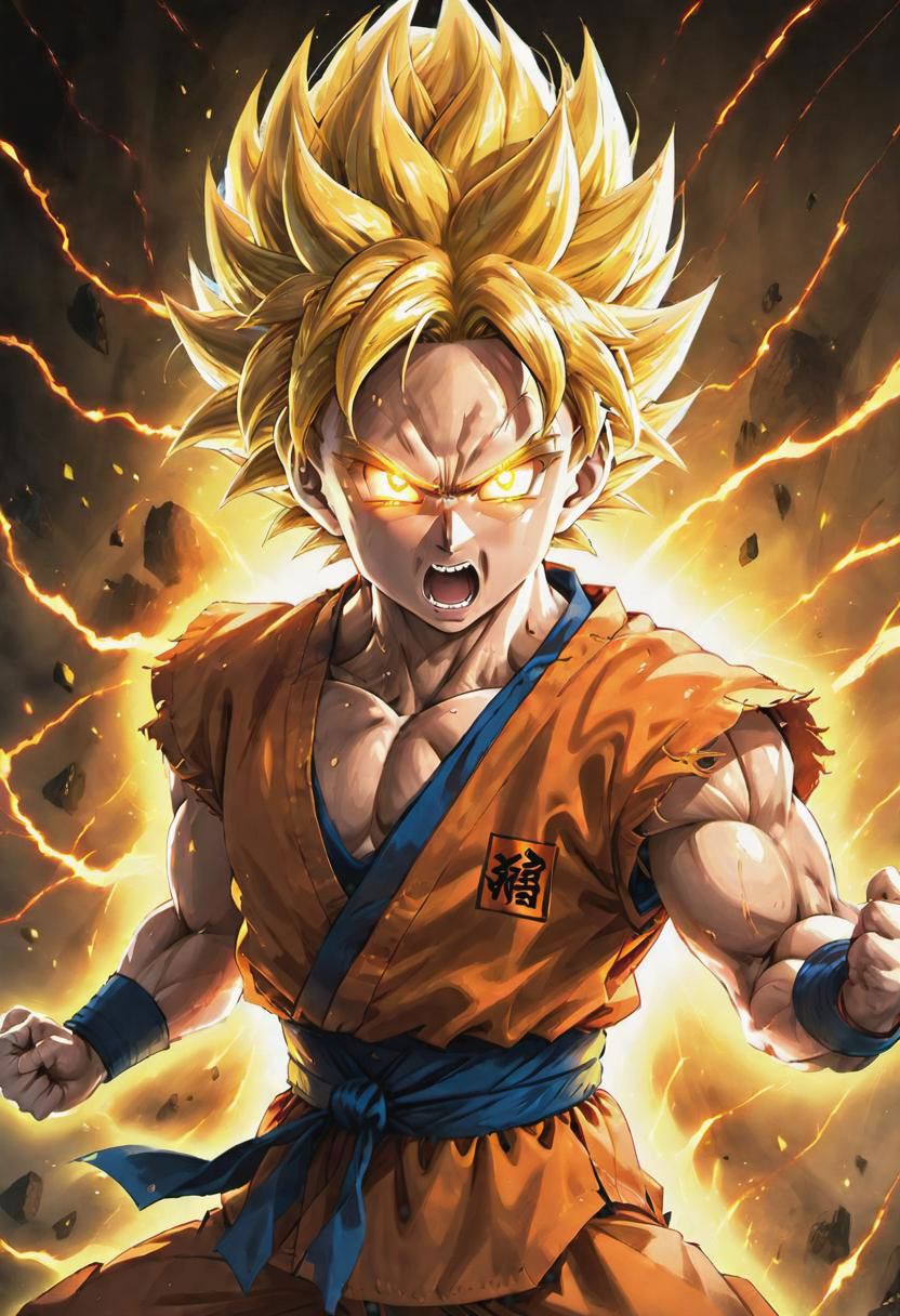 a muscular man, Goku:2.5),(anime style),(dynamic fighting pose),(strong and  determined expression) - SeaArt AI
